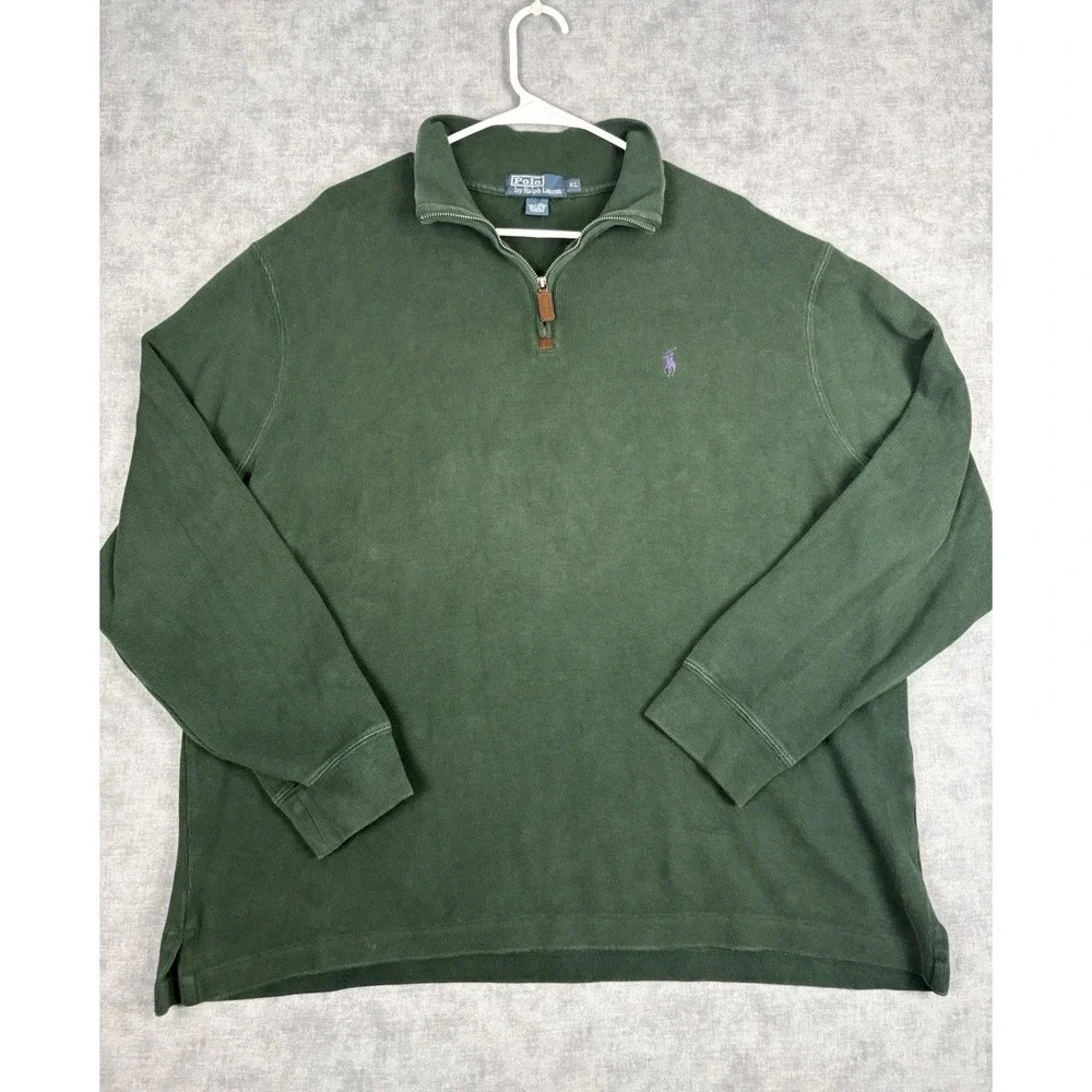 Polo Ralph Lauren Quarter Zip Sweater Men's XL Green 100% Cotton Purple Pony